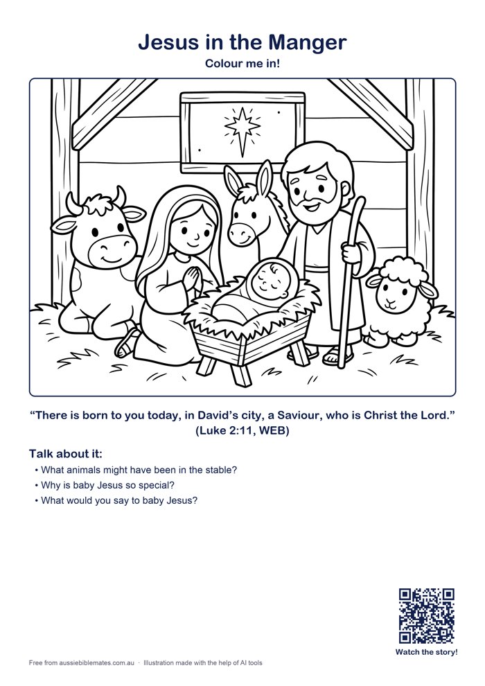Baby Jesus sleeping peacefully in a hay manger with Mary and Joseph smiling, a cow, a donkey and a sheep watching, a star shining through the stable window – free printable Bible colouring page (Luke 2:6–16)