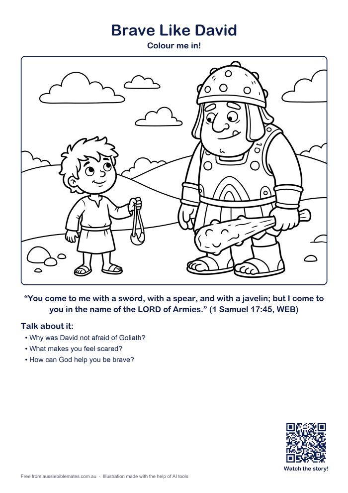 Young shepherd boy David with a sling and a smiling sheep, facing a big but silly-looking giant Goliath in armour, stones on the ground – free printable Bible colouring page (1 Samuel 17:32–50)