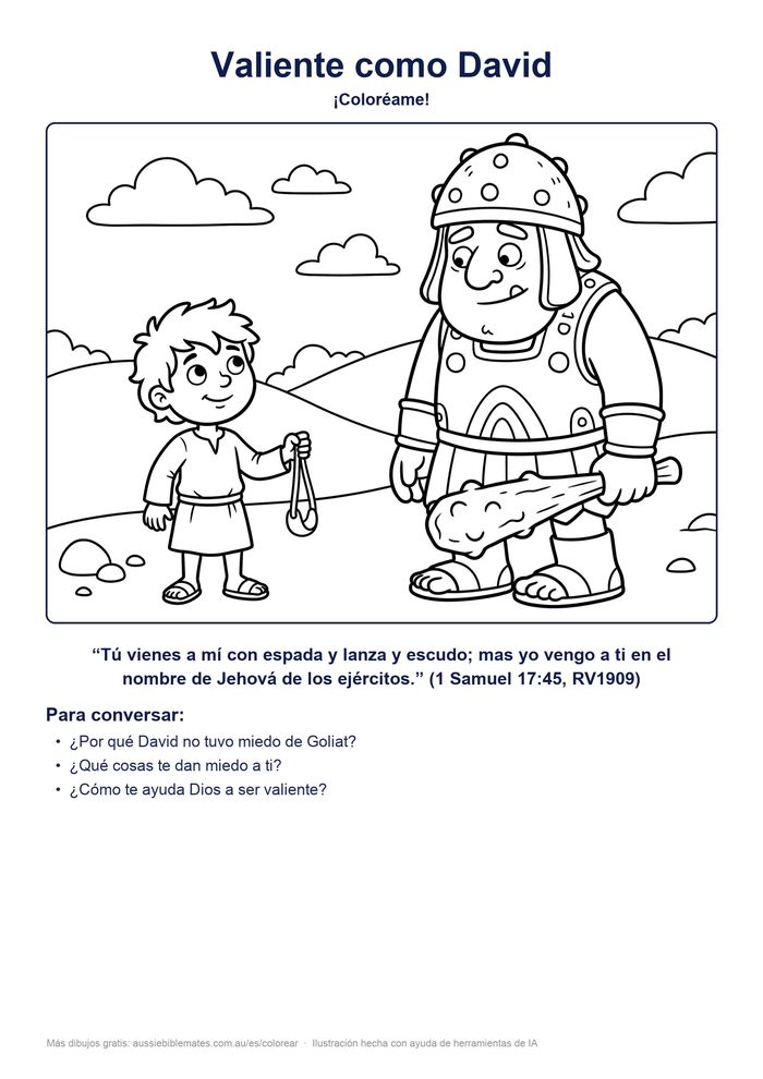 Dibujo de David y Goliat para colorear: el joven pastor David con su honda frente al gigante Goliat con armadura