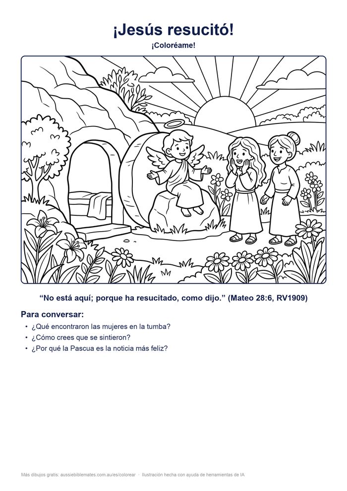 Dibujo de Pascua para colorear: la tumba vacía con la piedra quitada, un ángel sentado sobre la piedra y dos mujeres asombradas al amanecer