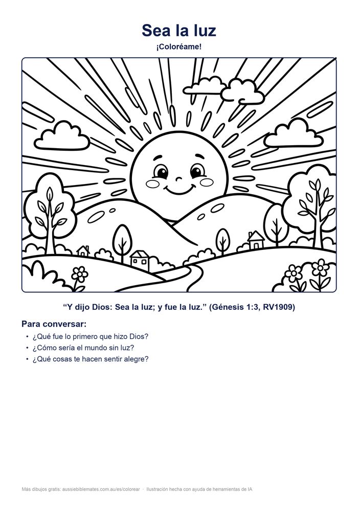 Dibujo de la Creación para colorear: un sol sonriente sale sobre las colinas y sus rayos llenan el cielo