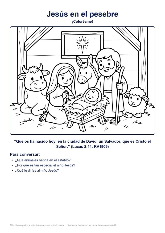 Dibujo del nacimiento de Jesús para colorear: el niño Jesús dormido en el pesebre con María, José, una vaca, un burro y una oveja