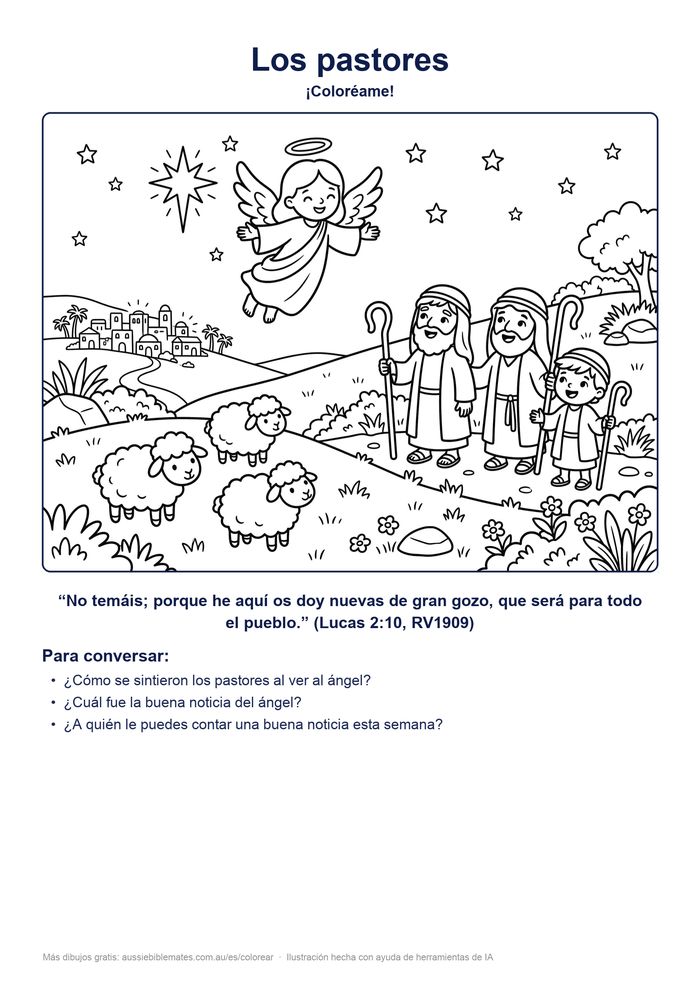 Dibujo de Navidad para colorear: un ángel en el cielo estrellado anuncia la buena noticia a los pastores y sus ovejas cerca de Belén