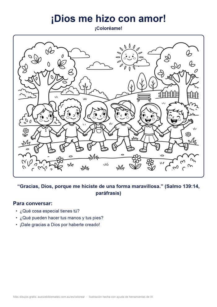 Dibujo cristiano para colorear: un grupo de niños felices tomados de la mano en un parque soleado