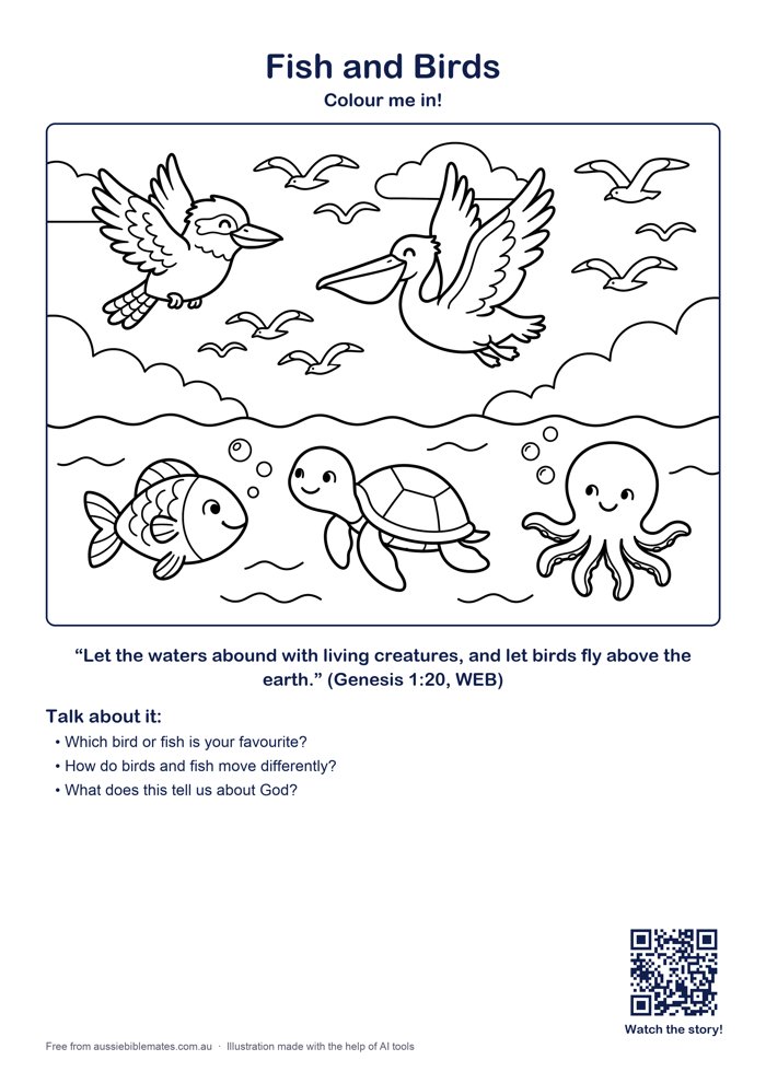 Happy fish, a turtle and a little octopus swimming in the sea below, with a kookaburra, a pelican and seagulls flying in the sky above – free printable Bible colouring page (Genesis 1:20–23)