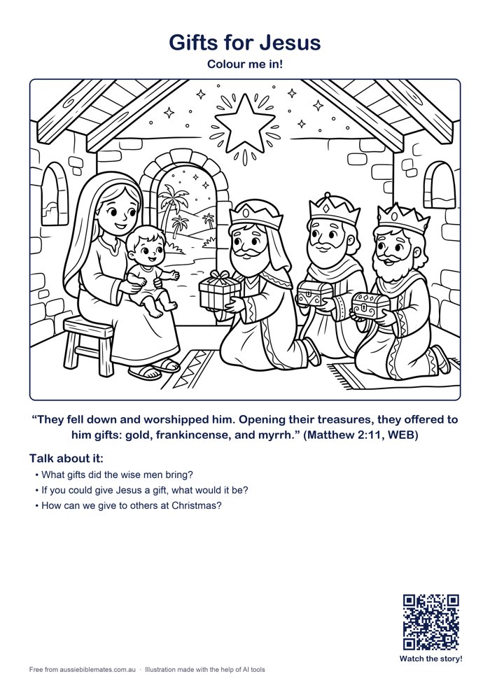 Three kind wise men kneeling and offering treasure boxes to little toddler Jesus sitting on Mary's lap in a simple house, a big star above – free printable Bible colouring page (Matthew 2:9–12)