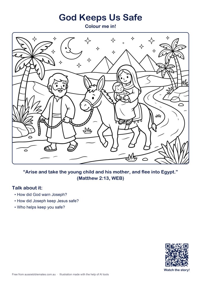 Joseph leading a donkey carrying Mary holding baby Jesus along a desert path with palm trees, big moon and stars, distant pyramids – free printable Bible colouring page (Matthew 2:13–15)
