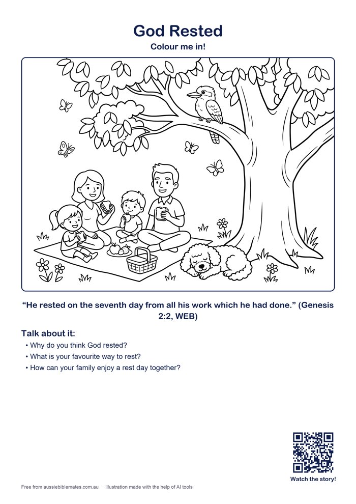 A family having a peaceful picnic on a blanket under a big shady gum tree, a dog napping, butterflies and a kookaburra on a branch – free printable Bible colouring page (Genesis 2:1–3)