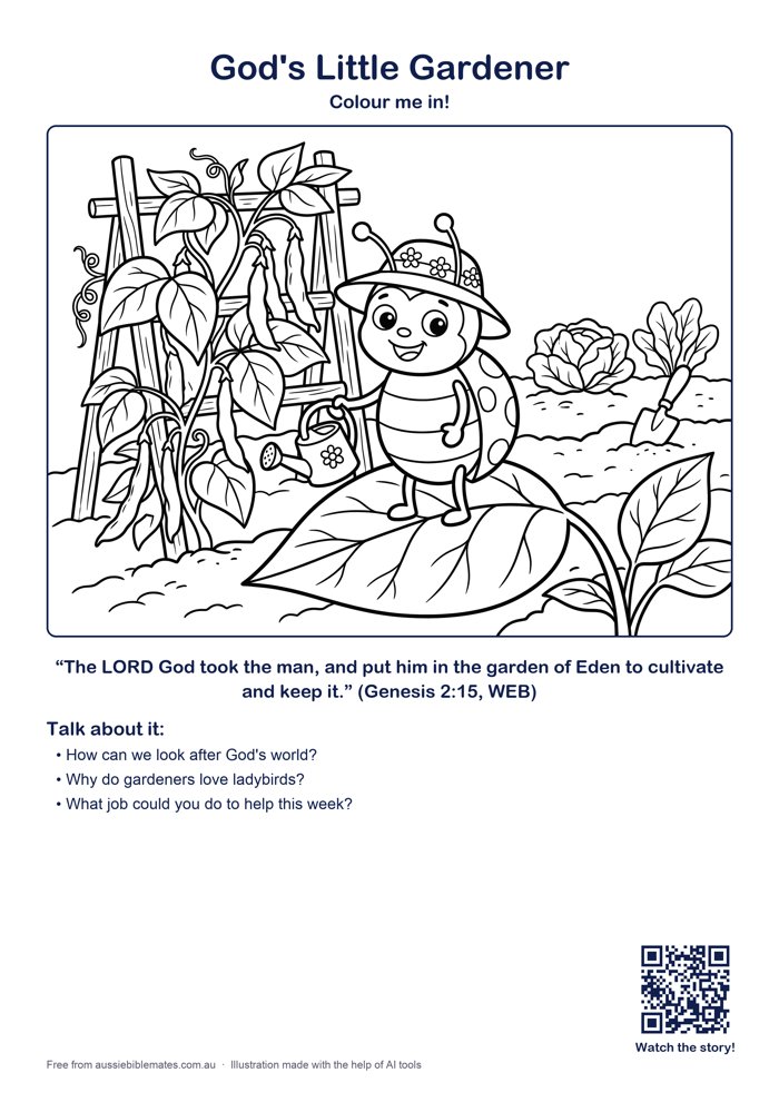 A cute ladybird wearing a sun hat holding a little watering can, standing on a big leaf in a vegetable garden with bean plants – free printable Bible colouring page (Genesis 2:8–15)