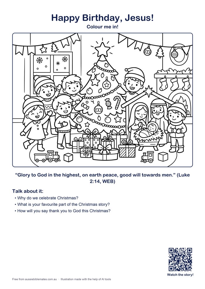 Happy children around a decorated Christmas tree with a star on top and a little nativity scene with baby Jesus in front, wrapped presents, festive bunting – free printable Bible colouring page (Luke 2:8–14)