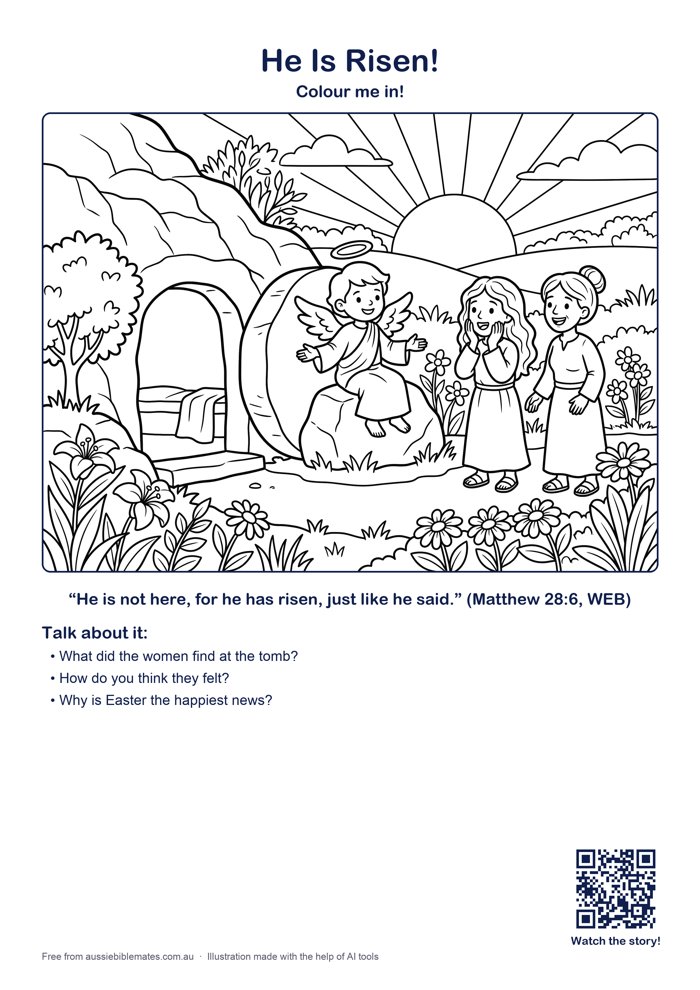 An empty garden tomb with the round stone rolled away, sunrise, flowers blooming, a happy angel sitting on the stone, two women looking amazed – free printable Bible colouring page (Matthew 28:1–10)
