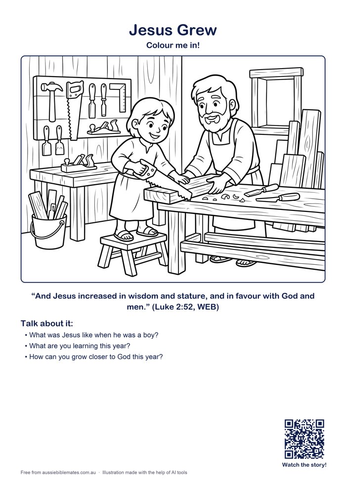 Young boy Jesus about 10 years old happily helping Joseph in a carpenter's workshop, sawing wood, tools on the wall, wood shavings – free printable Bible colouring page (Luke 2:39–52)