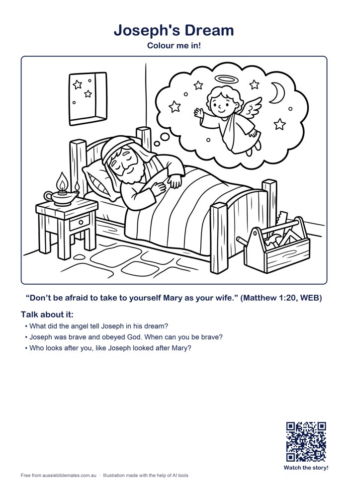 Joseph the carpenter asleep on a simple bed smiling, with a dream cloud above him showing a friendly angel, carpentry tools and a little lamp nearby – free printable Bible colouring page (Matthew 1:18–25)