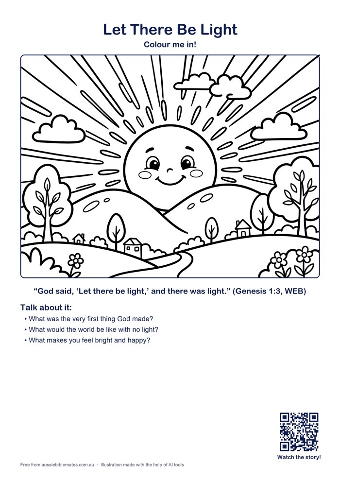 A big smiling sun rising over hills with bright rays spreading across the sky, chasing away a few dark clouds, simple and joyful – free printable Bible colouring page (Genesis 1:1–5)