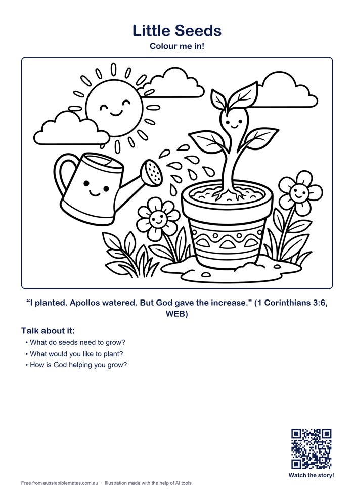 A cute smiling seedling sprouting from a flower pot, a watering can sprinkling water, sunshine and a few flowers around – free printable Bible colouring page (Genesis 1:11–13; 1 Corinthians 3:6–7)
