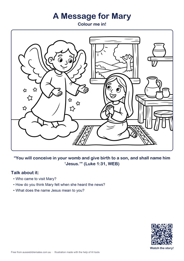 A kind smiling angel with wings visiting young Mary in a simple house, Mary looking surprised and happy, a little clay pot and window – free printable Bible colouring page (Luke 1:26–38)