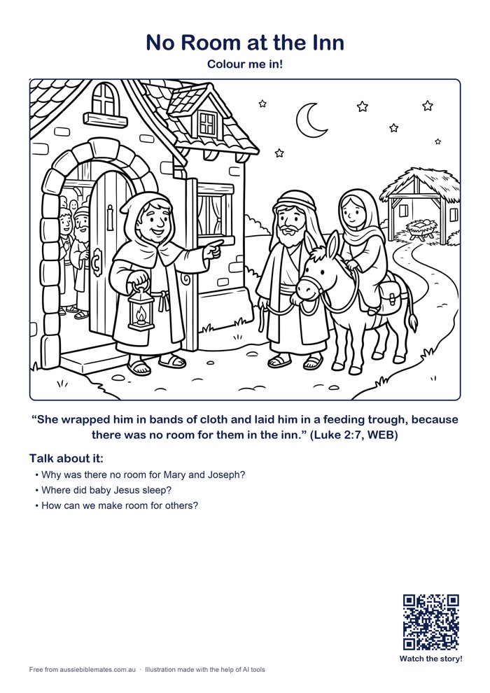 A friendly innkeeper with a lantern at the door of a busy inn, kindly pointing Mary and Joseph with their donkey toward a small stable nearby – free printable Bible colouring page (Luke 2:6–7)