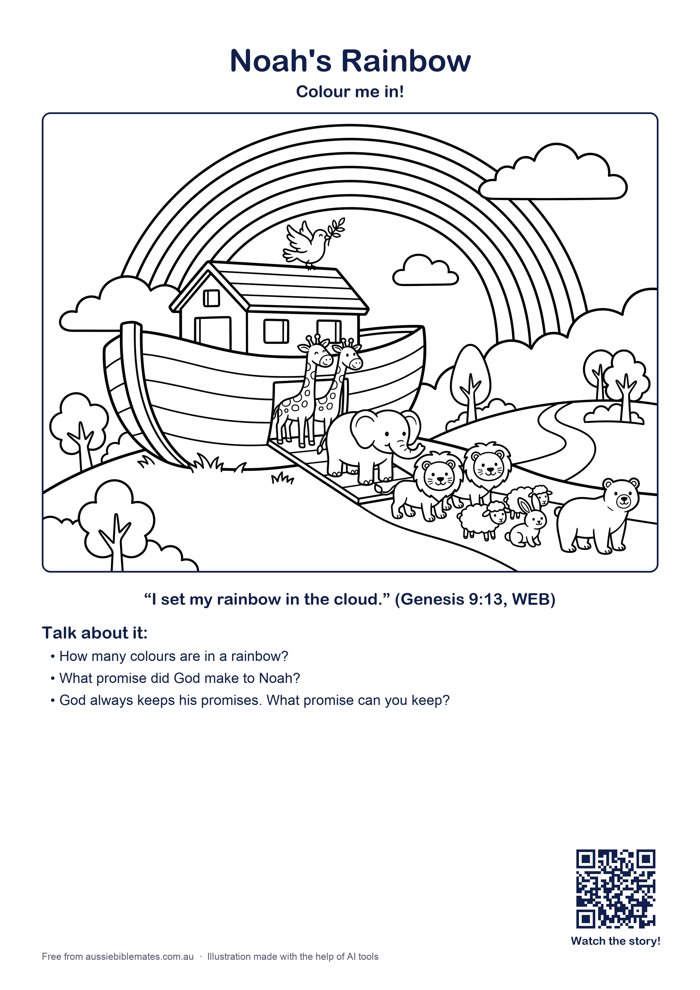 Noah's ark resting on a hill with animals in pairs coming out, a giraffe, elephants, lions and a dove, under a big rainbow – free printable Bible colouring page (Genesis 8:15–9:17)