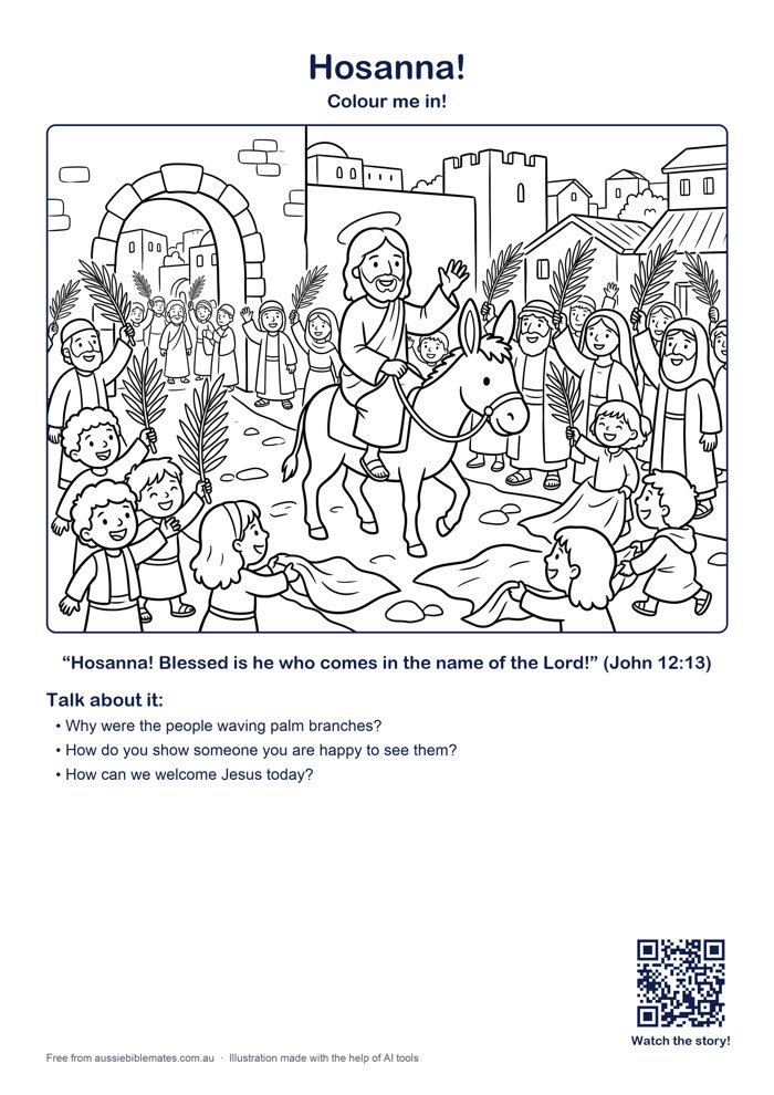 Jesus riding a gentle donkey into the city while happy children and people wave palm branches and lay cloaks on the road – free printable Bible colouring page (John 12:12–15)