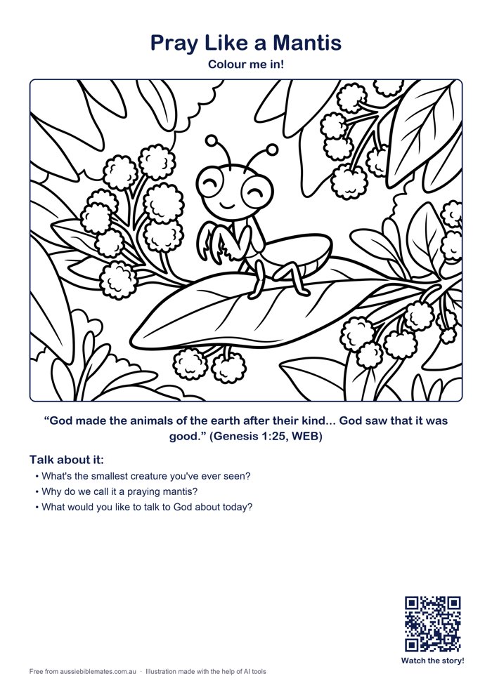 A cute baby praying mantis with folded front legs sitting on a big leaf among wattle flowers, smiling with eyes closed – free printable Bible colouring page (Genesis 1:24–25)