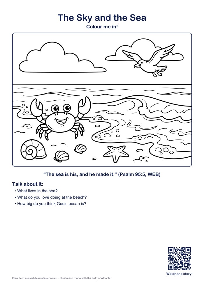 An Aussie beach with gentle waves and sea foam, a happy crab, seashells, a seagull flying, fluffy clouds in the sky – free printable Bible colouring page (Genesis 1:6–10; Psalm 95:5)