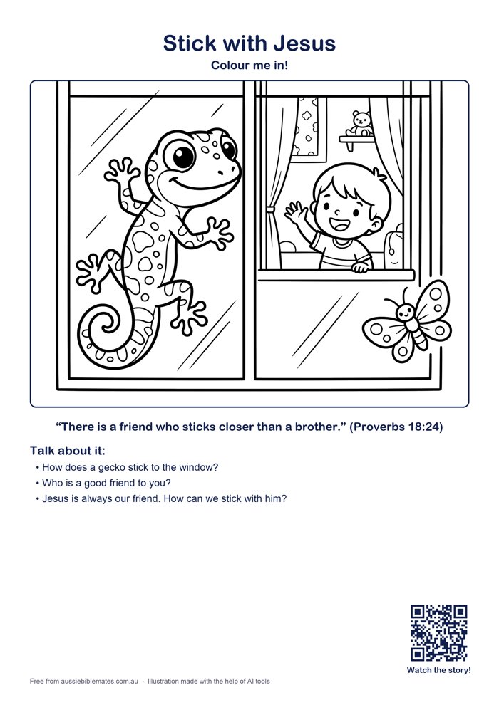 A cheeky smiling gecko stuck to a window pane, looking in at a happy child waving from inside, a moth nearby – free printable Bible colouring page (Proverbs 18:24)