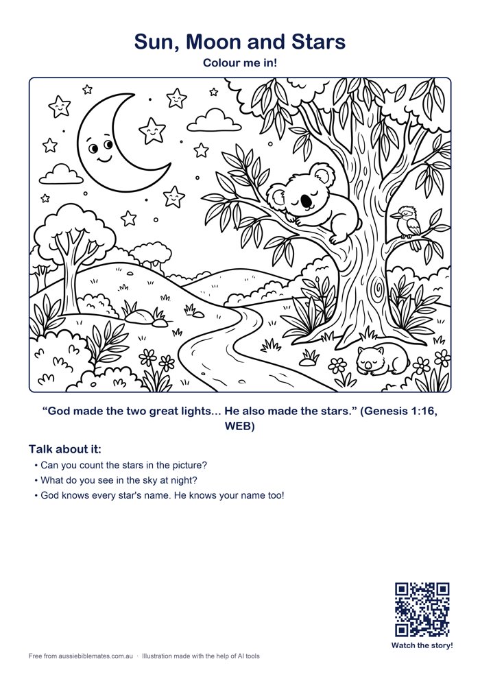A smiling crescent moon and many friendly stars in the night sky over a sleeping Aussie bush scene with a gum tree and a koala – free printable Bible colouring page (Genesis 1:14–19)