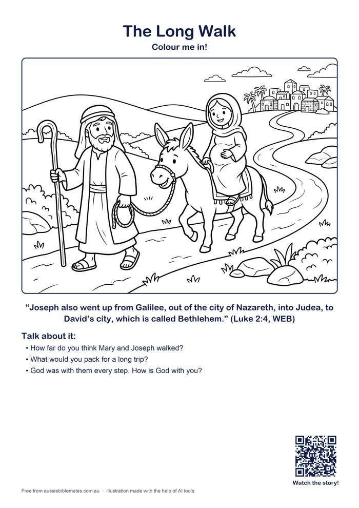 Joseph leading a cute little donkey carrying Mary along a winding road over hills toward the small town of Bethlehem in the distance – free printable Bible colouring page (Luke 2:1–5)