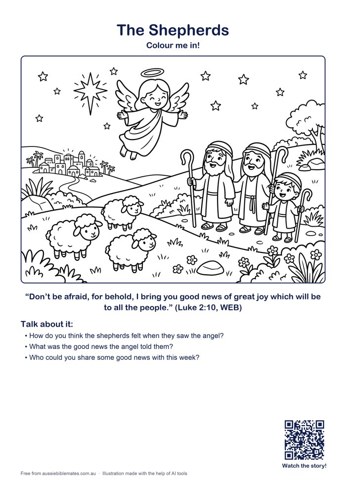 An angel shining in the night sky over smiling shepherds and their sheep in the fields near Bethlehem, with the little town in the distance – free printable Bible colouring page (Luke 2:8–20)