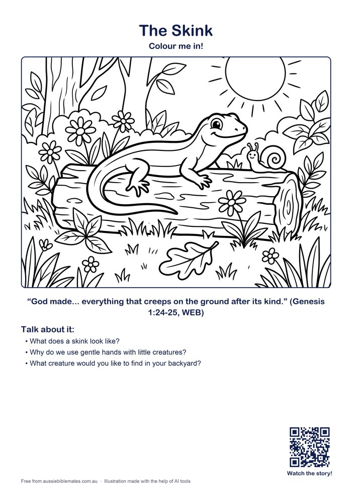 A smiling little skink lizard sunning itself on a log in the grass, wildflowers and a fallen leaf, a snail nearby – free printable Bible colouring page (Genesis 1:24–25)