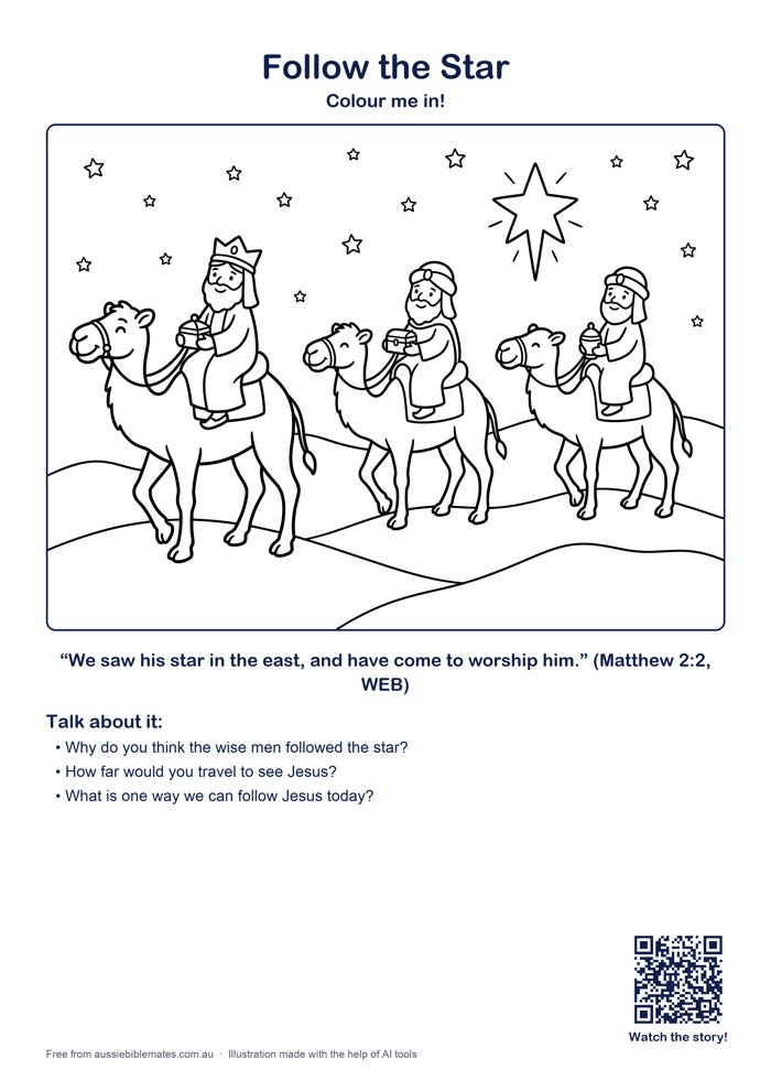 Three friendly wise men riding camels across sand dunes at night, following one big bright star in the sky – free printable Bible colouring page (Matthew 2:1–10)
