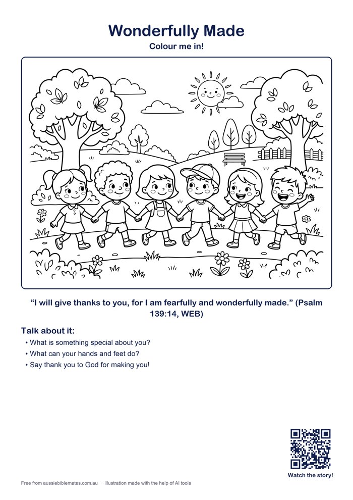 A happy diverse group of young children holding hands and smiling in a park with trees and sunshine – free printable Bible colouring page (Psalm 139:13–14; Genesis 1:27)